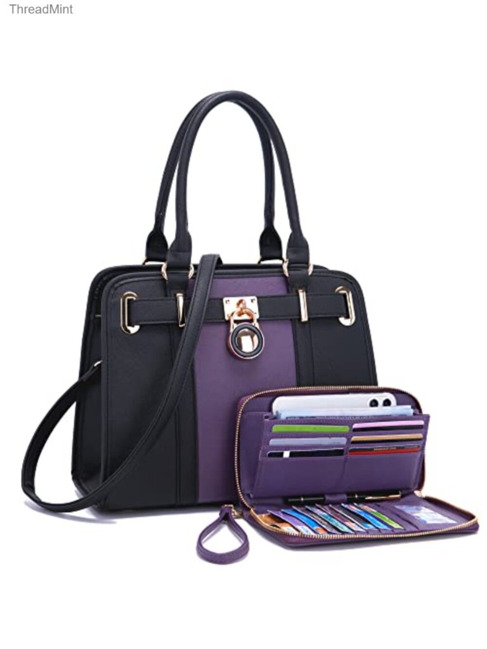Structured Satchel Tote Handbag Set with RFID Blocking Wallet Vegan Leather